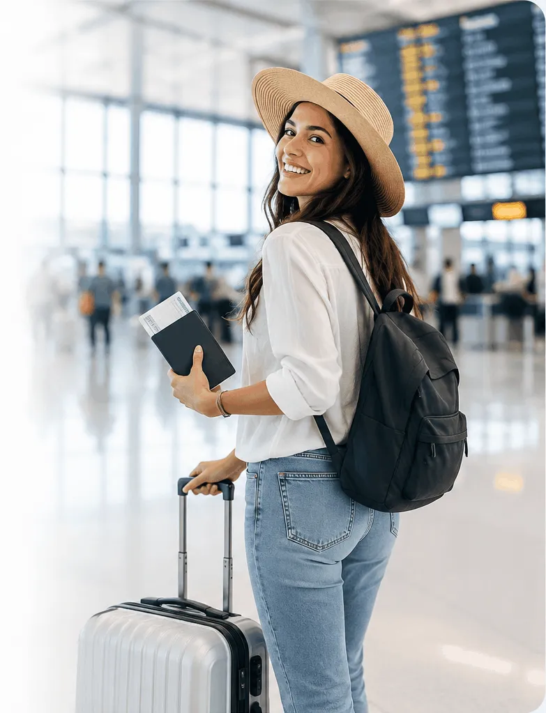 Smiling traveler at the airport holding travel documents